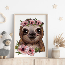 Baby Sloth Rose Animal Poster | Wall Print