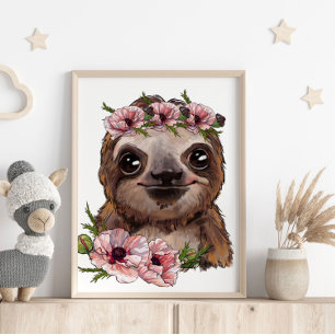 Baby Sloth Rose Animal Poster   Wall Print