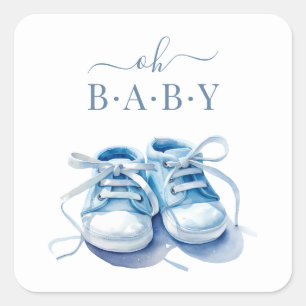 Baby-Sneaker zur Babyparty-Einladung, Baby Junge Quadratischer Aufkleber