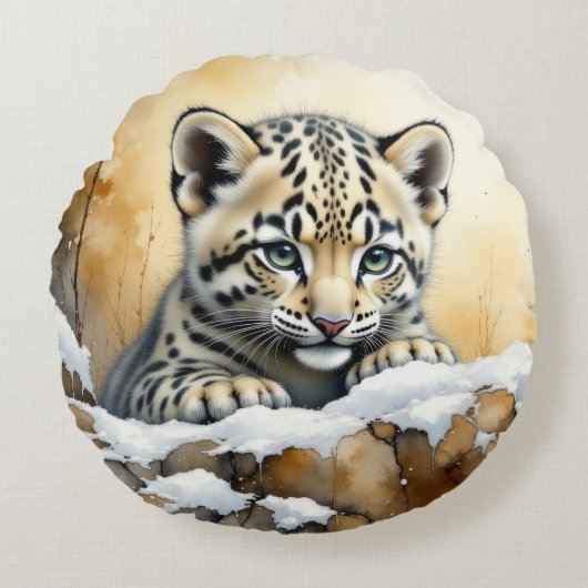 Baby Snow Leopard Rundes Kissen (Vorderseite)