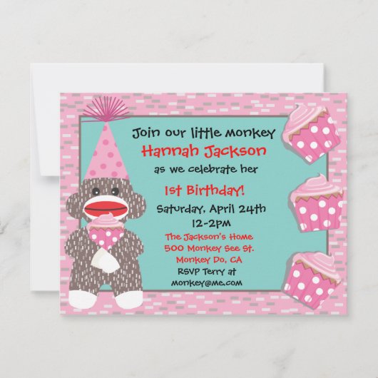 Baby Sock Affe cupcake Geburtstagsparty Einladung (Vorderseite)