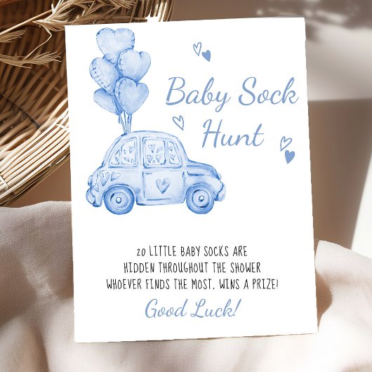 Baby Sock Hunt Blue Car Balloons Baby Showspiel Poster