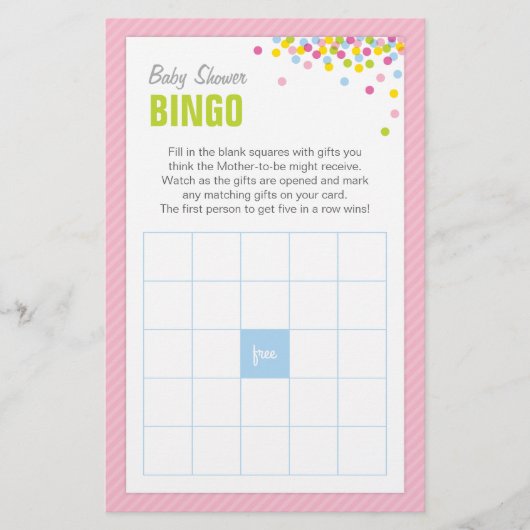 Baby Sprinkle Baby Dusche Bingo Game Card - Rosa Briefpapier (Vorderseite)