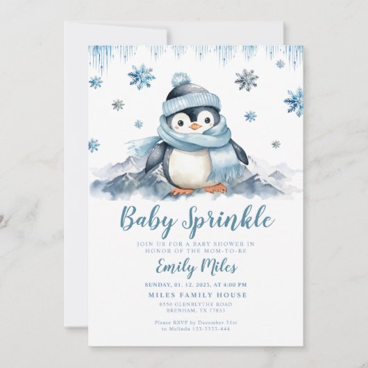 Baby Sprinkle, Baby Dusche Pinguin Einladung (Vorderseite)