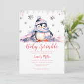 Baby Sprinkle, Baby Dusche Pink Pinguin Einladung (Stehend Vorderseite)