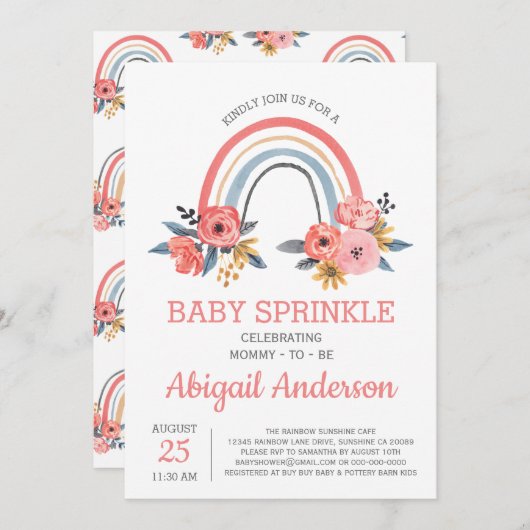 Baby Sprinkle Bloral Rosa Regenbogen Stilvoll Einladung (Vorne/Hinten)