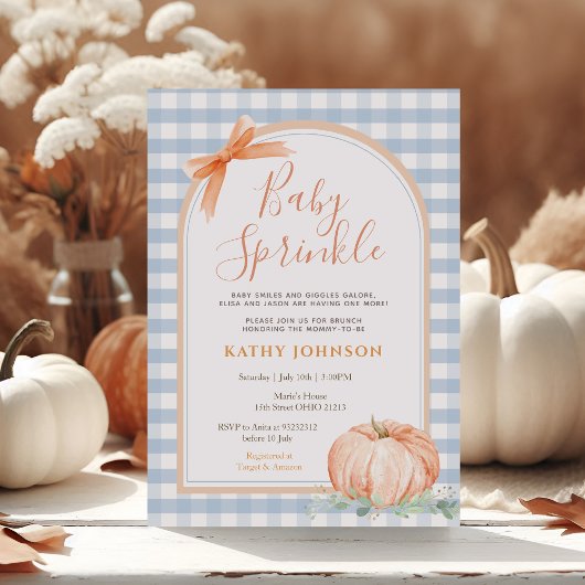 Baby Sprinkle Blue Gingham Pumpkin Baby Shower Einladung