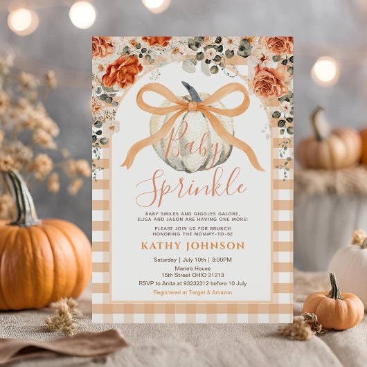 Baby Sprinkle Bow Gingham Pumpkin Baby Shower Einladung