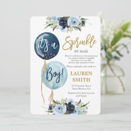 Baby Sprinkle by Mail Navy blauer Ballon Duschjung Einladung (Stehend Vorderseite)