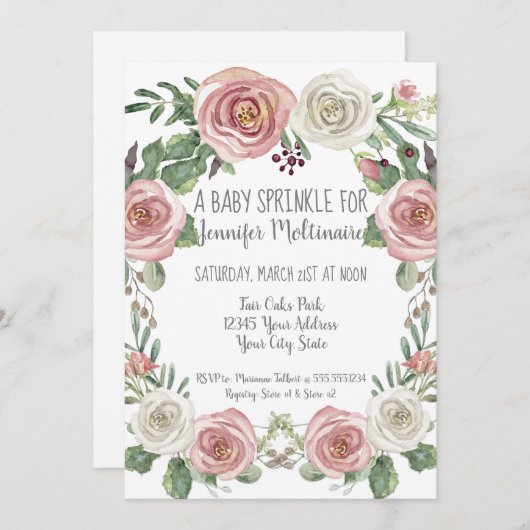 Baby Sprinkle Dusche Pastel Rosa Weiße Rose Blüte Einladung (Vorne/Hinten)