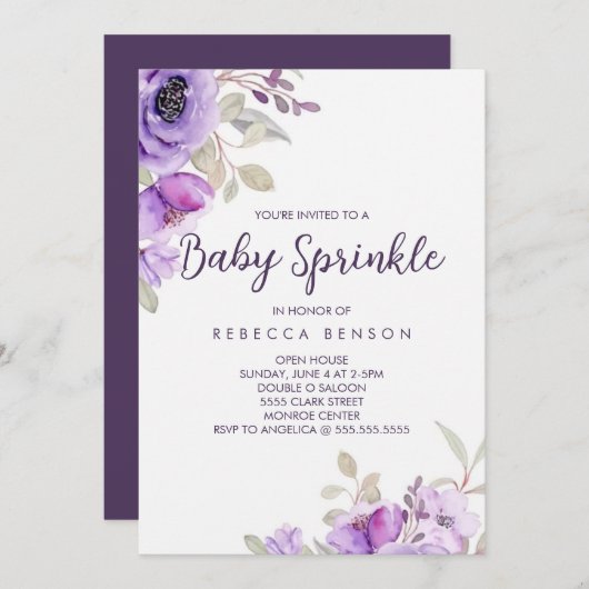 Baby Sprinkle Einladung Lila Blumendesign (Vorne/Hinten)