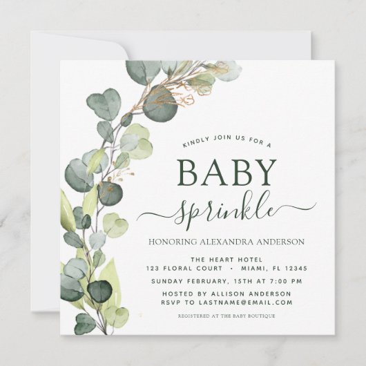 Baby Sprinkle Greenery Eucalyptus Succulent Einladung (Vorderseite)