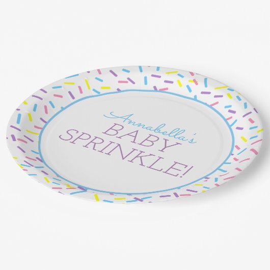 Baby Sprinkle Papierplatte mit blauer Kontur Pappteller (Schrägansicht)
