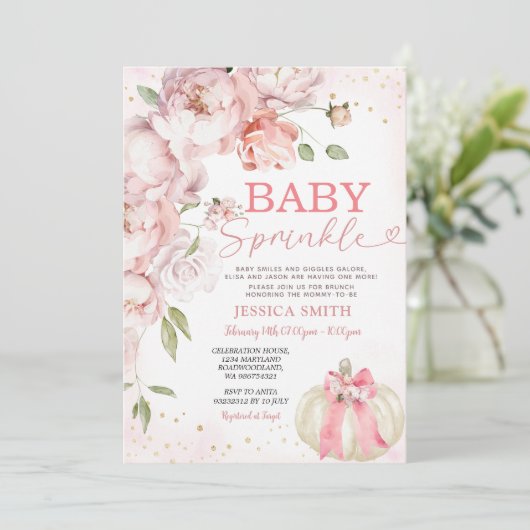 Baby Sprinkle Pink Floral Pumpkin Baby Dusche Einladung (Stehend Vorderseite)
