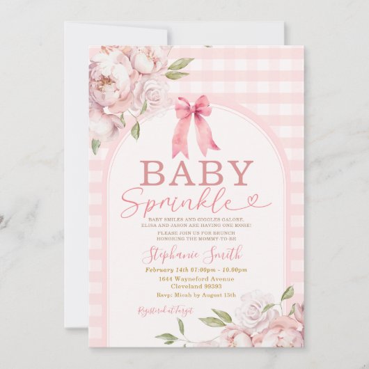 Baby Sprinkle Pink Gingham Floral Arch Baby Dusche Einladung (Vorderseite)