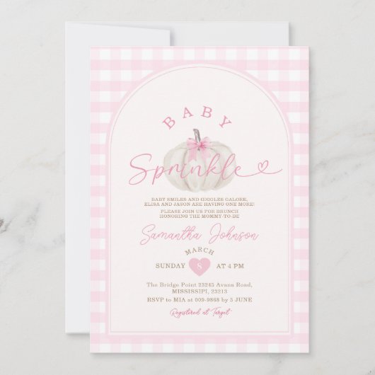 Baby Sprinkle Pink Gingham White Pumpkin Einladung (Vorderseite)