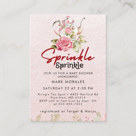 Baby Sprinkle Pink Tee Party Wasserfarbe Begleitkarte (Vorderseite)