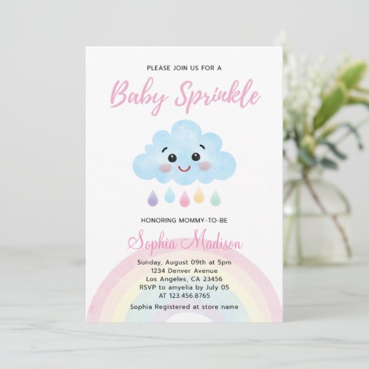 Baby Sprinkle Rainbow Rain Baby Dusche Einladung (Stehend Vorderseite)