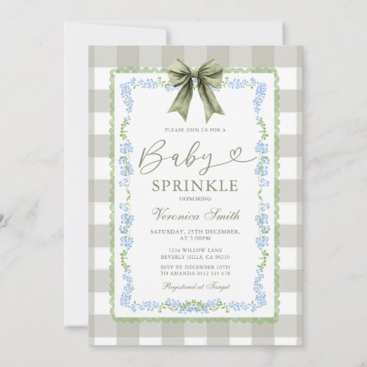 Baby Sprinkle Sage Gingham Floral Bow Invitation Einladung (Vorderseite)