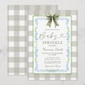 Baby Sprinkle Sage Gingham Floral Bow Invitation Einladung (Vorne/Hinten)