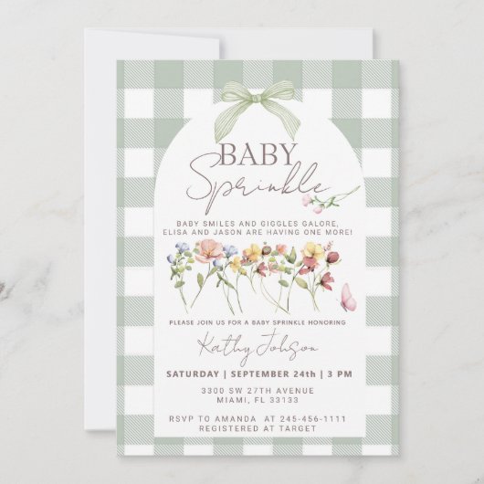 Baby Sprinkle Sage Green Gingham Einladung (Vorderseite)