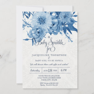 Baby Sprinkle Watercolor Navy Blue Chintz Floral Einladung