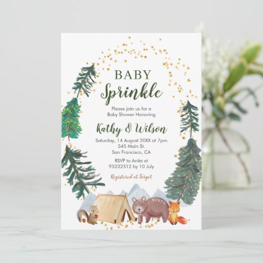 Baby Sprinkle Woodland Animal Invasion Einladung (Stehend Vorderseite)