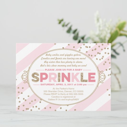 Baby-Sprinklover-Mädchen goldfarbene Streifen Einladung (Stehend Vorderseite)