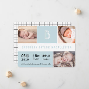 Baby Statistik Monogramm Blaue Farbblöcke Foto Geb Ankündigung