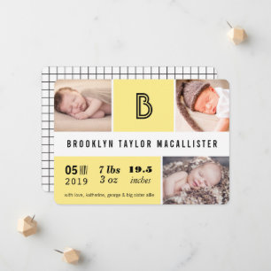 Baby Statistik Monogramm Gelb Farbfeld Foto Geburt Ankündigung