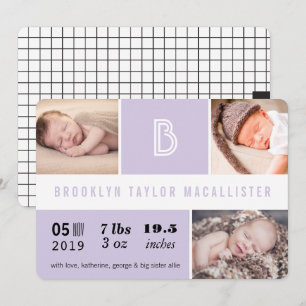 Baby Statistik Monogramm Lila Farbblock Foto Gebur Ankündigung
