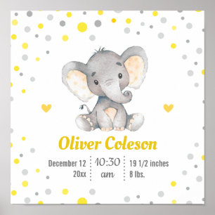 Baby Stats Elephant Yellow Polka Dot Kinderzimmer Poster