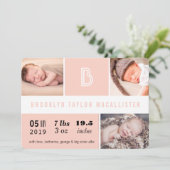Baby Stats Monogram Pink Color Blocks Foto Birth Ankündigung (Stehend Vorderseite)