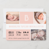Baby Stats Monogram Pink Color Blocks Foto Birth Ankündigung (Vorderseite)