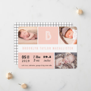 Baby Stats Monogram Pink Color Blocks Foto Birth Ankündigung