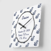 Baby Stats Nautical Navy Anchor Muster Quadratische Wanduhr (Winkel)