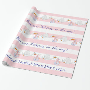 Baby-Storch-Verpackungspapier Rosa & Weiß gestreif Geschenkpapier