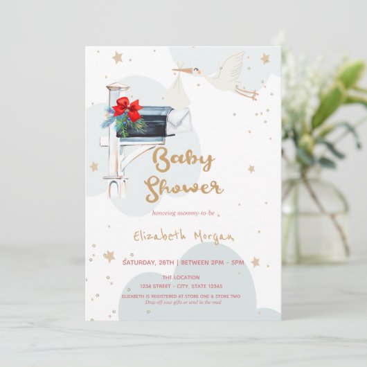Baby Stork Delivery, Clouds Mailbox Babydusche Einladung (Stehend Vorderseite)