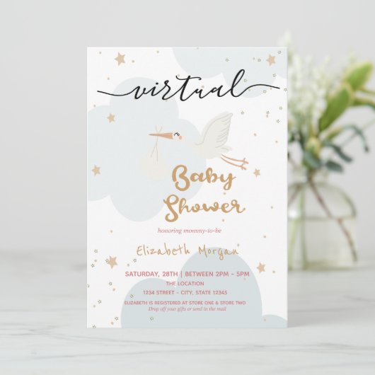 Baby Stork Delivery, Clouds Virtual Baby Shower Einladung (Stehend Vorderseite)