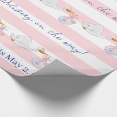 Baby Stork Wrapping Paper Pink & White Stripe Geschenkpapier (Ecke)