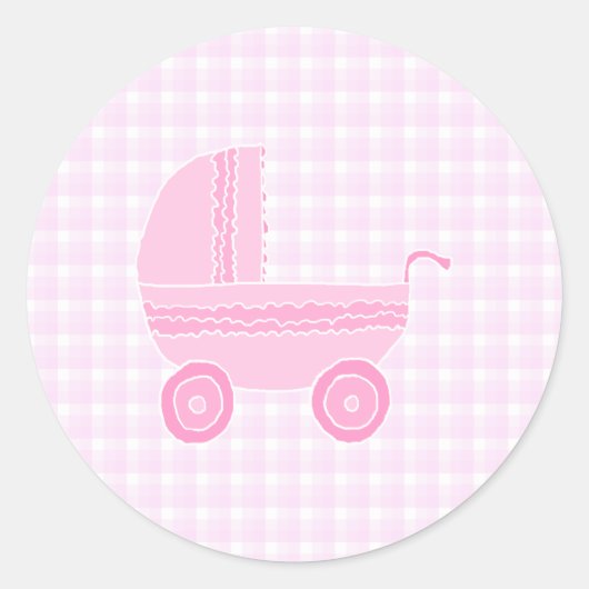 Baby Stroller Light Pink on Pink Gingham. Runder Aufkleber (Vorderseite)