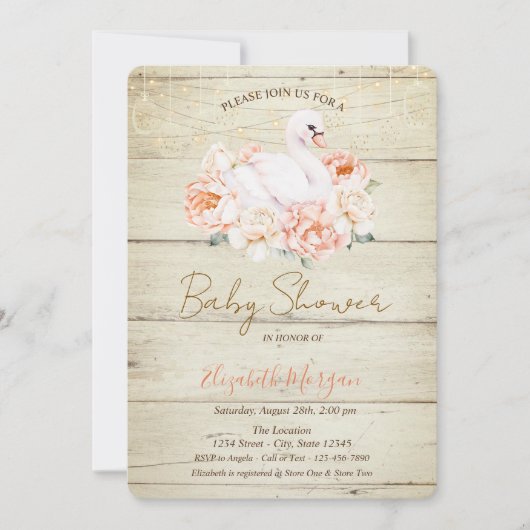 Baby Swan Blume Wood Texture Baby Dusche Einladung (Vorderseite)