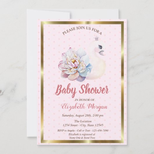 Baby Swan, Polka Dots, Floral Baby Shower Einladung (Vorderseite)