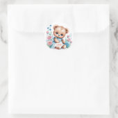 Baby Teddy Bär mit Aquarellblumen Runder Aufkleber (Tasche)