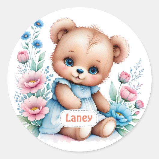 Baby Teddy Bär mit Aquarellblumen Runder Aufkleber (Vorderseite)