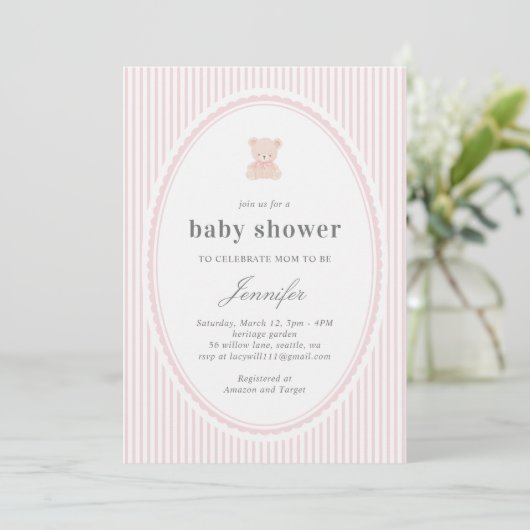 Baby Teddy bear Baby shower Invitation_Pink  Einladung (Stehend Vorderseite)