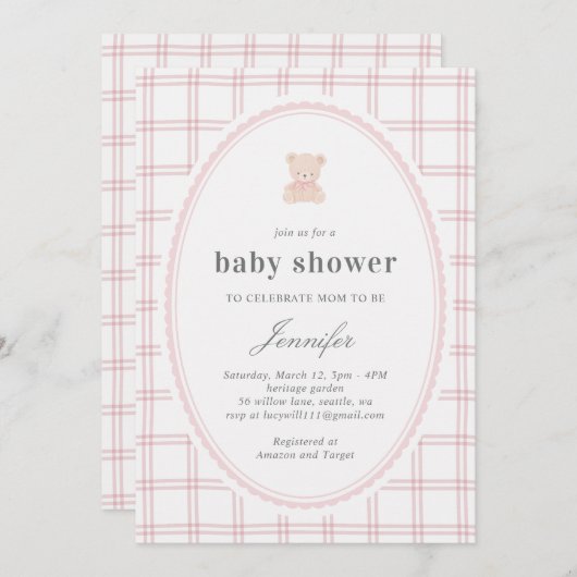 Baby Teddy bear Baby shower pink Einladung (Vorne/Hinten)