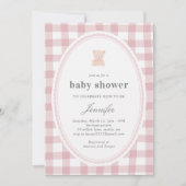 Baby Teddy bear Baby shower Pink Gingham Einladung (Vorderseite)