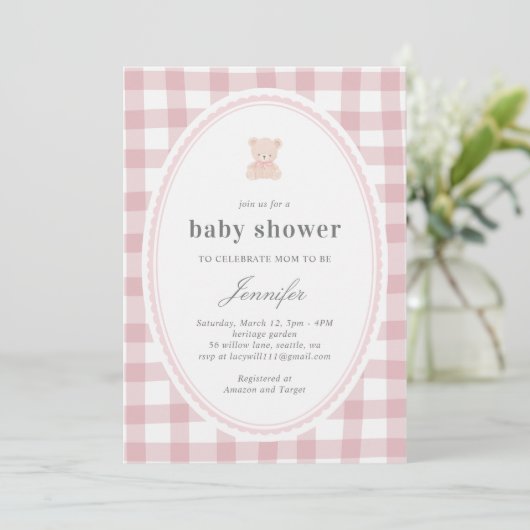 Baby Teddy bear Baby shower Pink Gingham Einladung (Stehend Vorderseite)