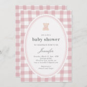 Baby Teddy bear Baby shower Pink Gingham Einladung (Vorne/Hinten)